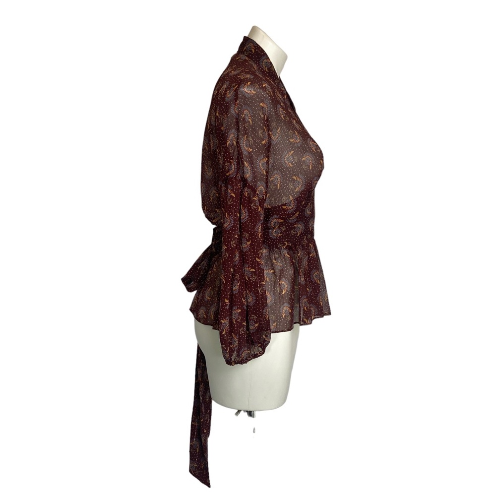 Zara | Women's Burgundy Boho Print Sheer Tie Waist Top | Size: XS - Picture 5 of 10